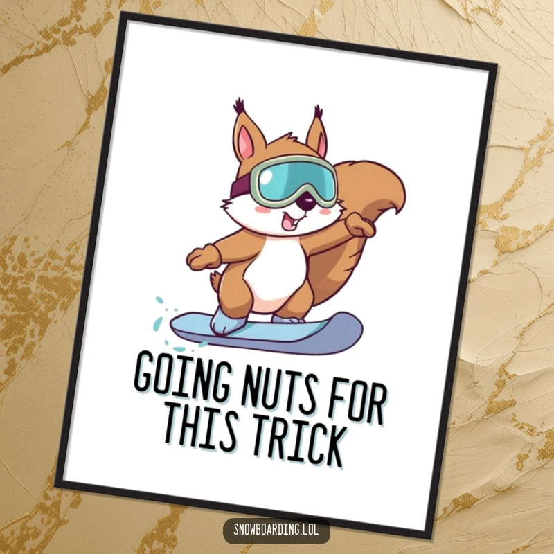 Funny Free Printable Wall Art: A determined squirrel wearing goggles performs an amazing trick on a snowboard.