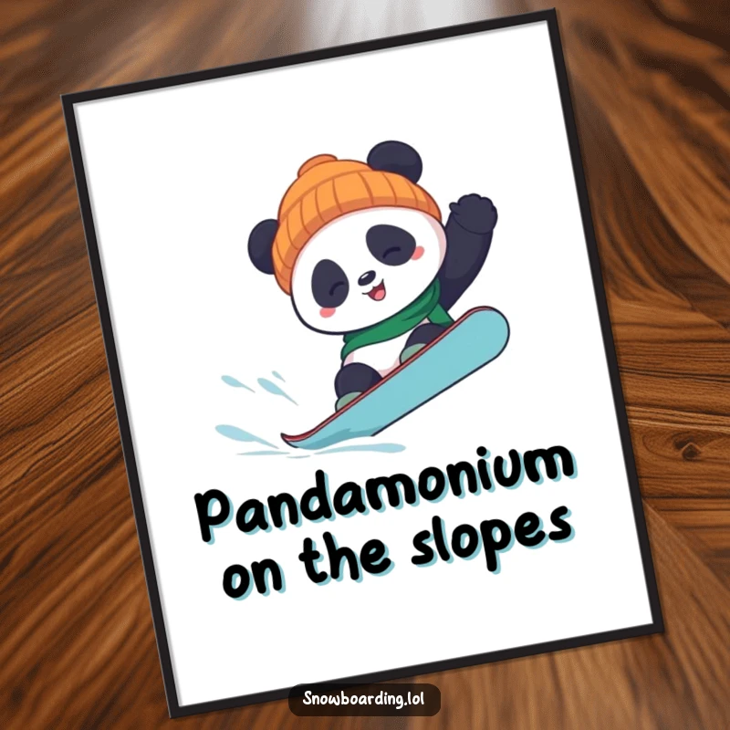 Funny Free Printable Wall Art of a panda attempting a tricky snowboard flip, ready to bring smiles to any room.