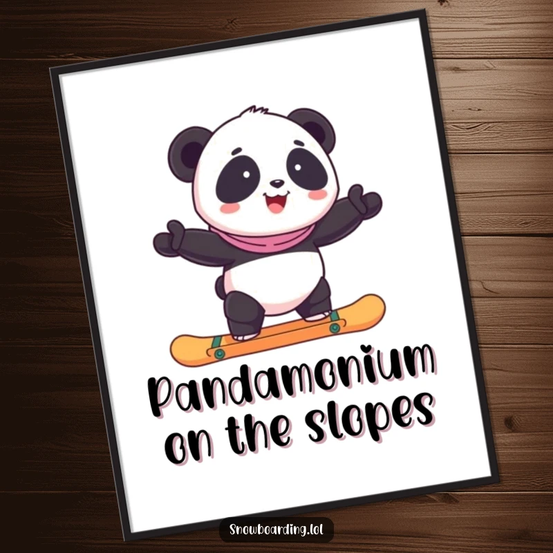 Funny Free Printable Wall Art: A happy panda wobbling while trying to balance on a snowboard, capturing a moment of humorous effort.