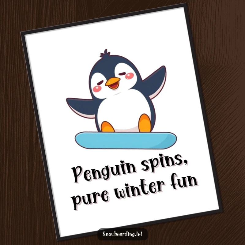 Funny Free Printable Wall Art: A comical penguin attempting a snowboarding spin with arms wildly flailing on a snowy slope.