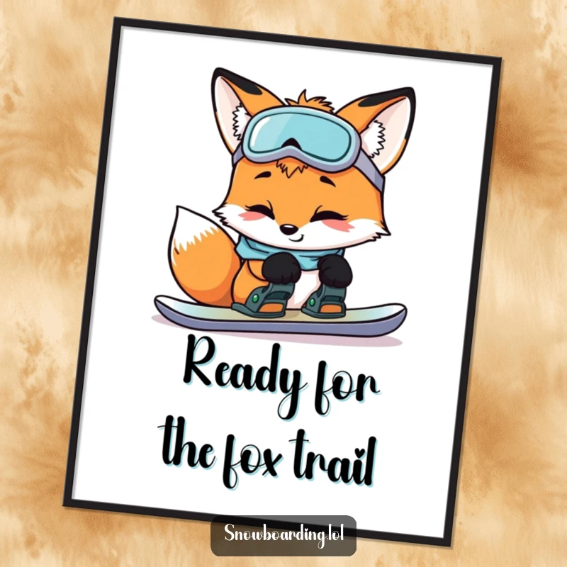 Funny Free Printable Wall Art: A curious fox smiling while inspecting its snowboard bindings. Clever downloadable decor.
