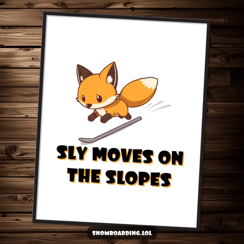 Funny Free Printable Wall Art: A determined fox swiftly glides down a white slope on a snowboard, capturing motion and cool.