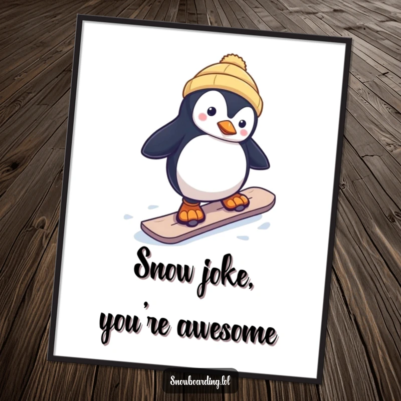 Funny Free Printable Wall Art: A curious penguin comically attempting to snowboard, perfect downloadable art.