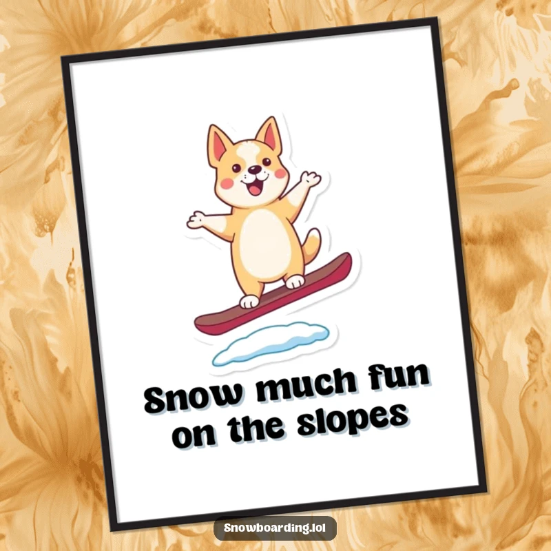 Funny Free Printable Wall Art of a happy dancing dog perfectly balancing on a snowboard, capturing pure excitement and joy.