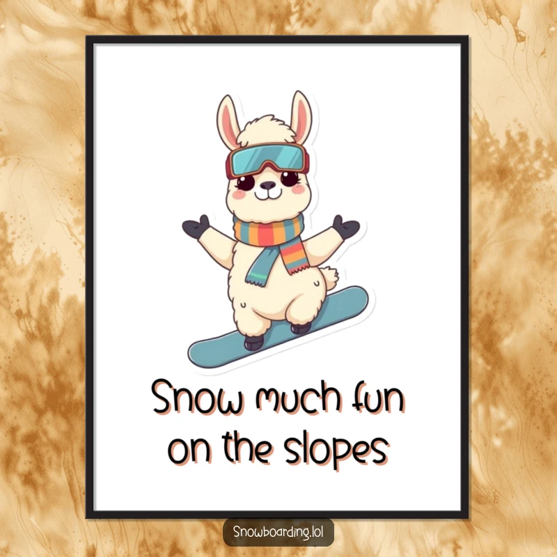 Funny Free Printable Wall Art: A cool llama striking a confident pose on its snowboard, ready for adventure.