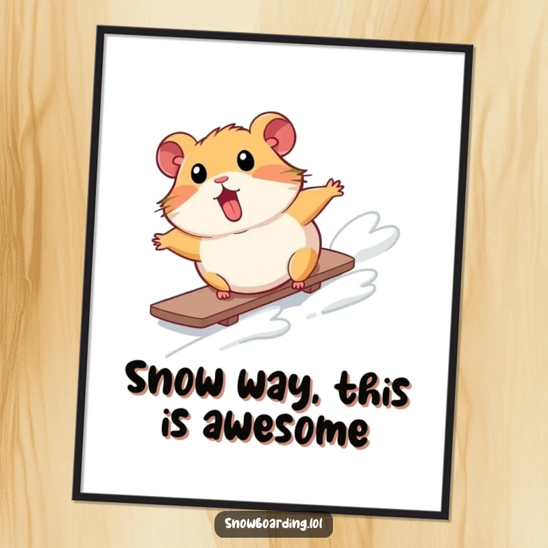 Free Printable Wall Art: Surprised hamster tumbling down a snowy slope on a board, comical winter scene.