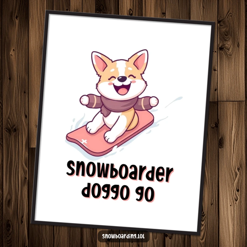 Funny Free Printable Wall Art: A happy dog gleefully snowboarding down a snowy slope, capturing pure winter excitement. Downloadable.