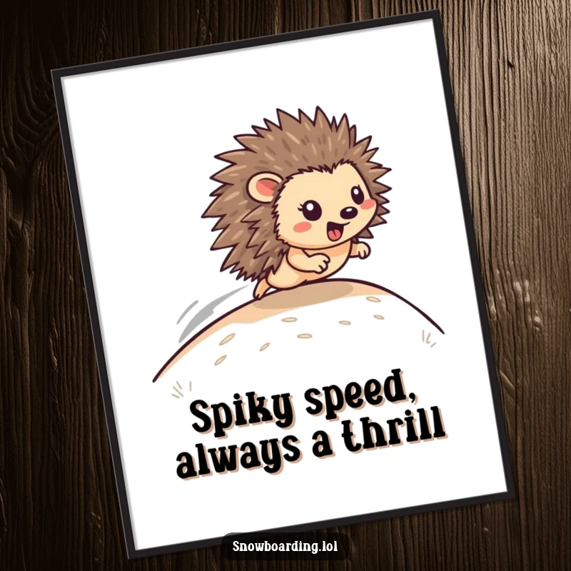 Funny Free Printable Wall Art: A happy hedgehog is depicted zooming rapidly down a grassy hill.