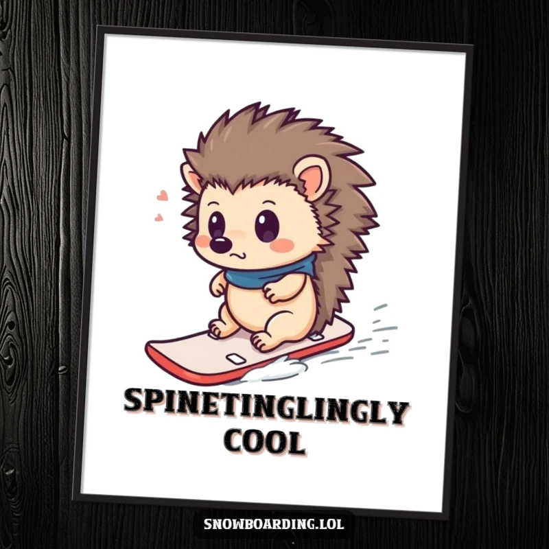 Funny Free Printable Wall Art: Curious hedgehog riding a tiny snowboard, looking surprised, a quirky and funny decor piece.