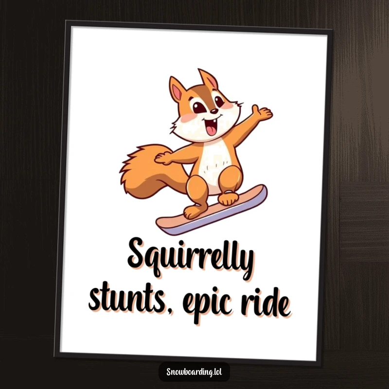 Funny Free Printable Wall Art of an energetic squirrel doing a jump on a tiny snowboard, mid-air.
