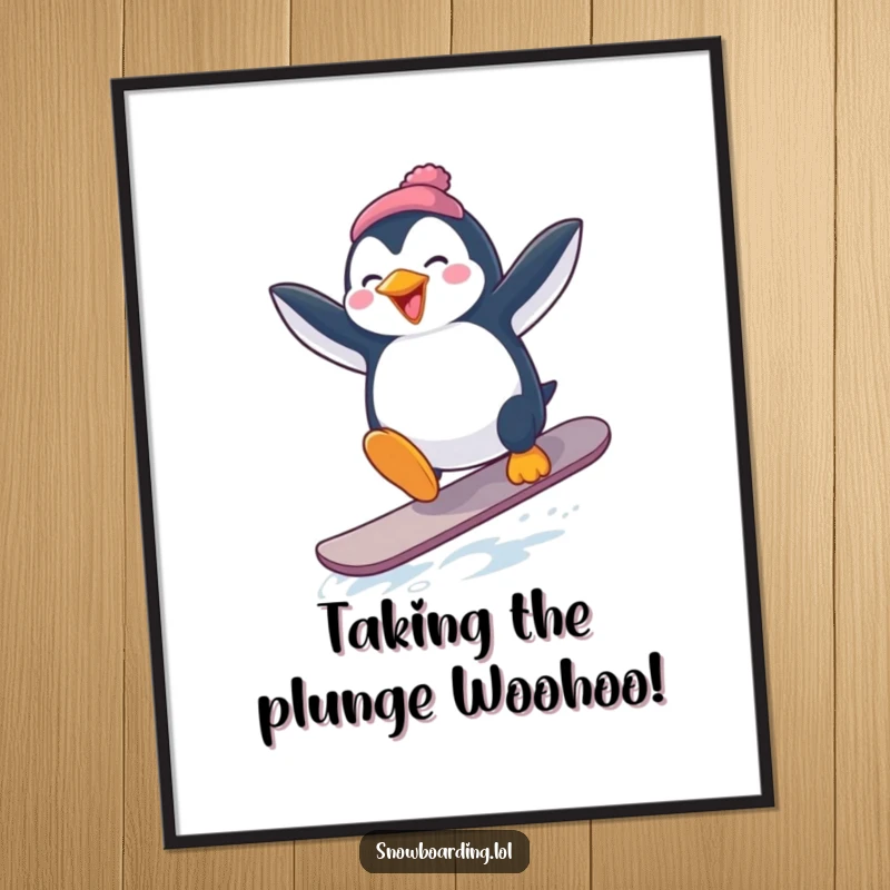 Funny Free Printable Wall Art: A penguin struggling hilariously with a snowboard jump, arms flailing wildly.
