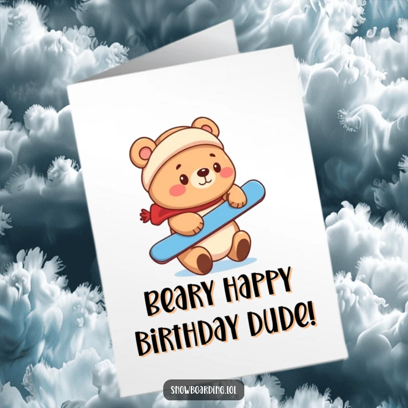 Funny Free Printable Birthday Card: A cute bear with a focused expression perfectly balances a snowboard on the tip of its nose. Downloadable.