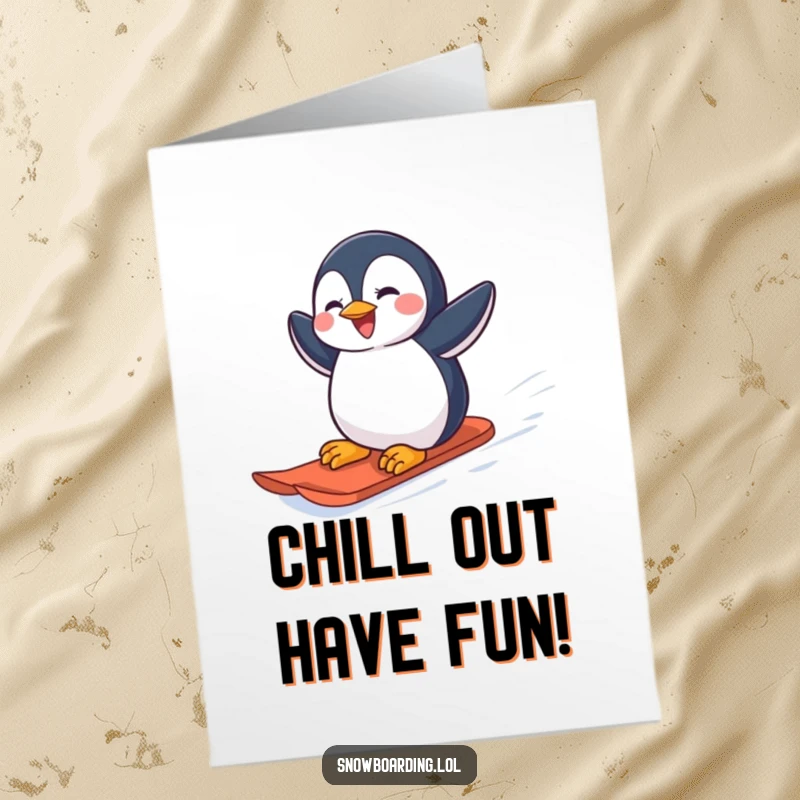 Funny Free Printable Birthday Card: A joyful penguin with rosy cheeks carves down a snowy slope with expert flair on a snowboard.