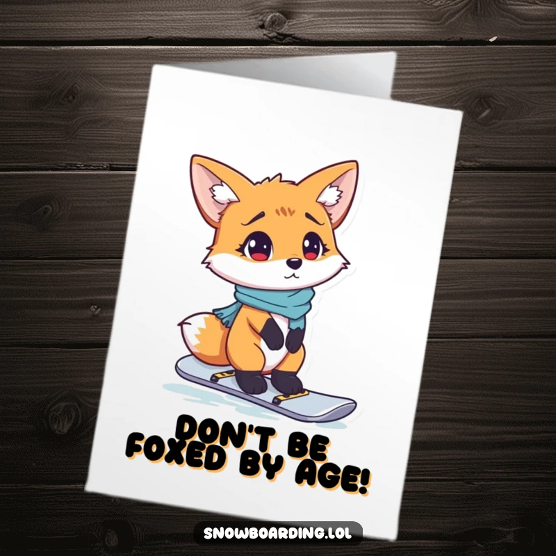 Funny Free Printable Birthday Card: A curious fox looks utterly confused while attempting to stand on a snowboard.