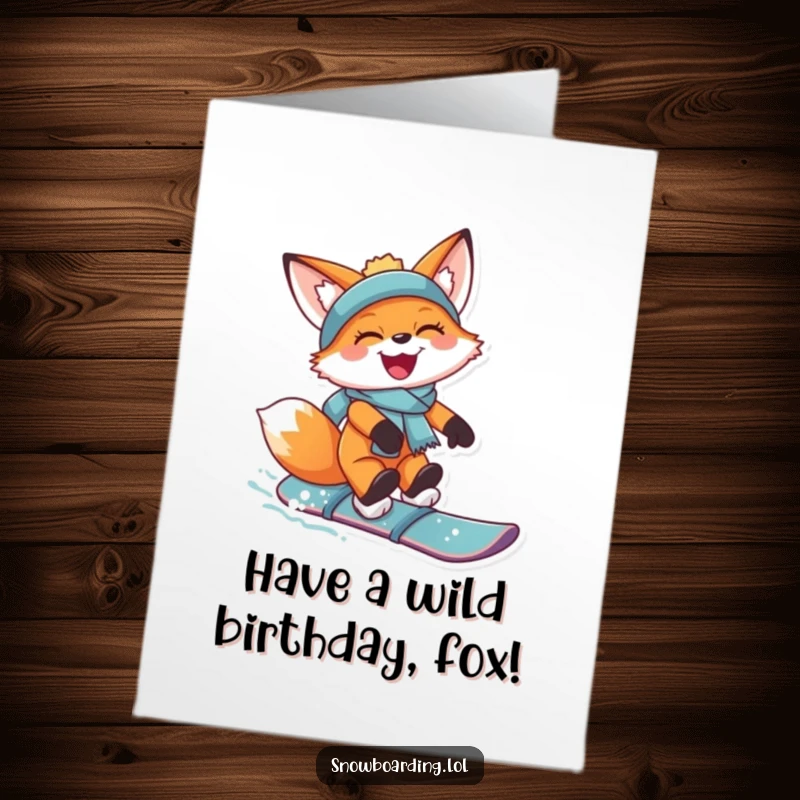Free Printable Birthday Card: Joyful fox catching air on a snowboard with a wide grin, winter sports theme.