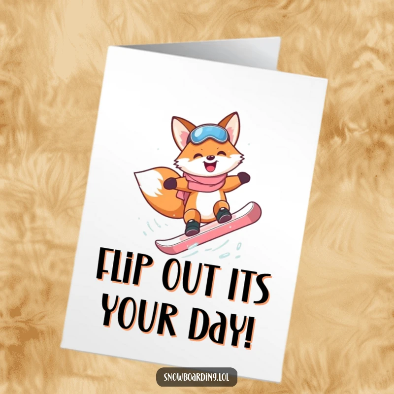 Funny Free Printable Birthday Card: A happy fox with a determined grin attempts an epic snowboard flip against a snowy backdrop. Downloadable.
