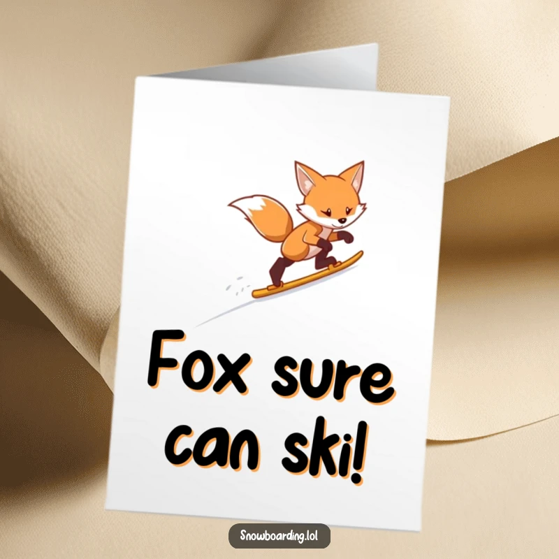 Funny Free Printable Birthday Card: A determined fox hilariously skis down a snowy slope, ready to deliver birthday wishes.