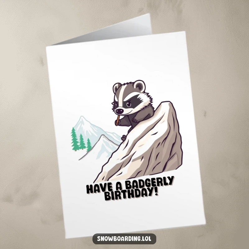 Funny Free Printable Birthday Card: A brave badger confidently carves smooth turns down a snowy mountain on a snowboard.