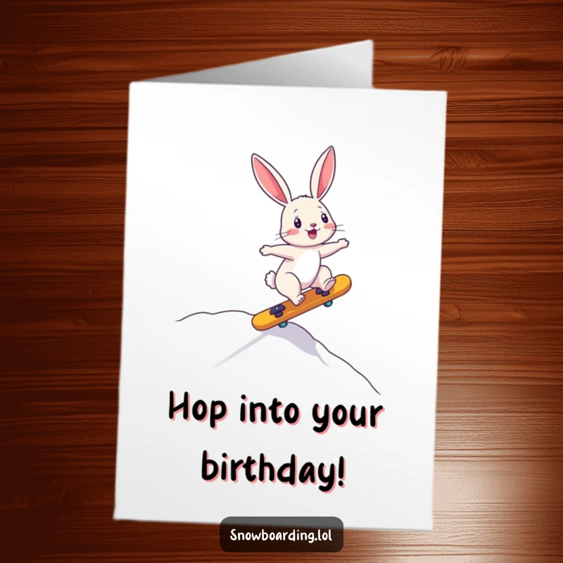 Funny Free Printable Birthday Card: A bouncing bunny rides a board precariously downhill, all for a wild birthday celebration.