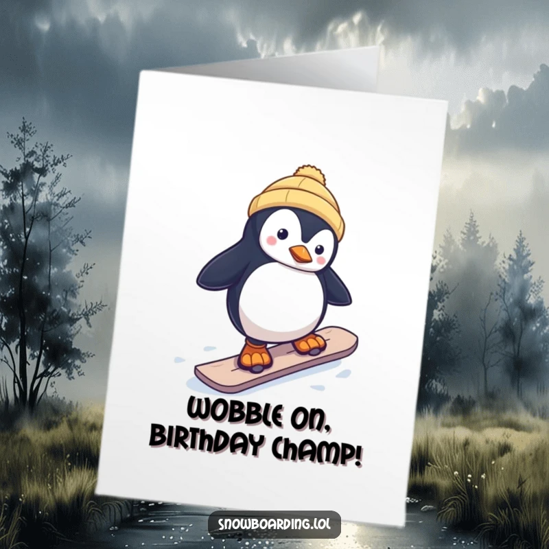Funny Free Printable Birthday Card: Curious penguin hilariously wobbling on a snowboard, seeking birthday cheer.