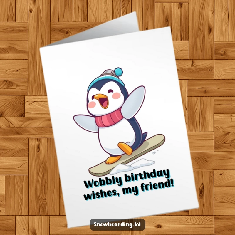 Funny Free Printable Birthday Card: Delighted penguin attempting a wobbly snowboard trick with hilarious results, ready to print.