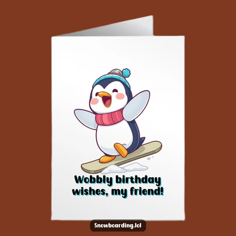 Free Printable Birthday Card: Funny Penguin Snowboarder Wobble Downloadable Gift!