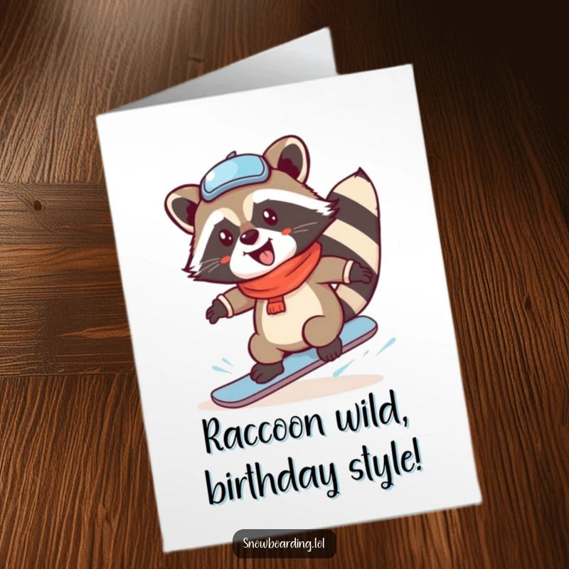 Funny free printable birthday card of a silly raccoon mid-air, performing a snowboard spin with pure glee and excitement.