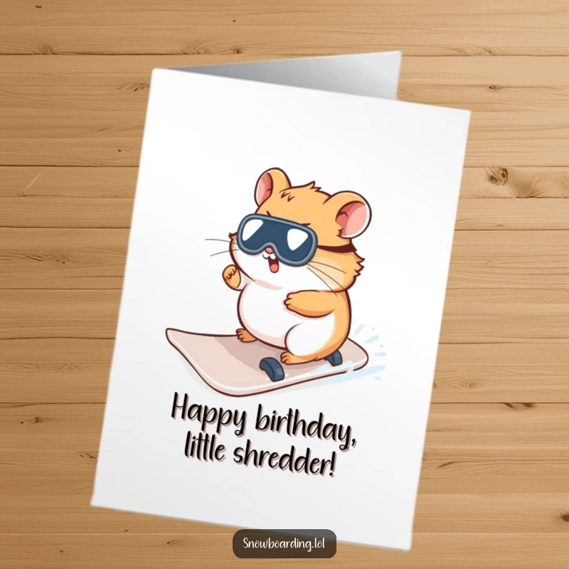 Funny free printable birthday card: a curious hamster intently trying to steer a snowboard down a snowy slope.