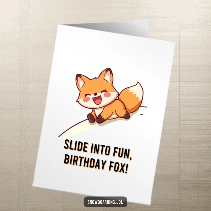Funny Free Printable Birthday Card: A very happy fox joyfully sliding on its belly down a grassy slope, celebrating with glee.