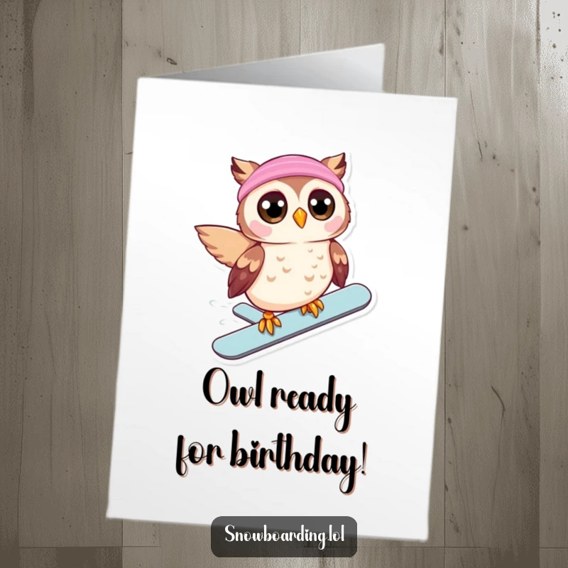 Funny Free Printable Birthday Card: Beaming owl with wide eyes slides downhill on a snowboard, celebrating birthday fun.