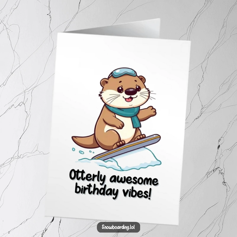 Funny Free Printable Birthday Card: A proud otter lands a small snowboard jump with a triumphant expression.