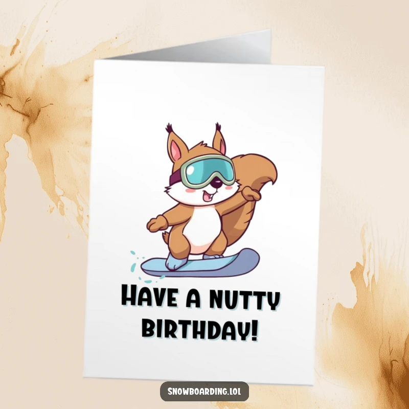 Funny Free Printable Birthday Card: Determined squirrel in goggles performs a snowboard trick with impressive skill.