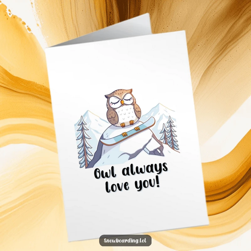 Funny Free Printable Birthday Card: A tired owl naps on a snowboard at the mountain peak, dreaming of birthday cake.