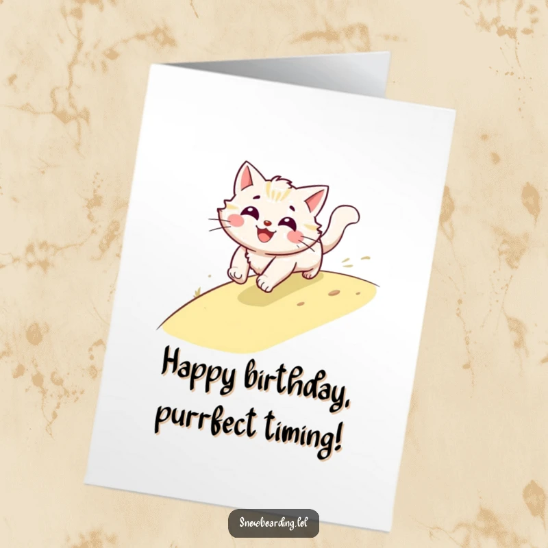 Funny Free Printable birthday card: A smiling cat is a speedy blur of fur as it zooms down a hill, celebrating with energetic glee.