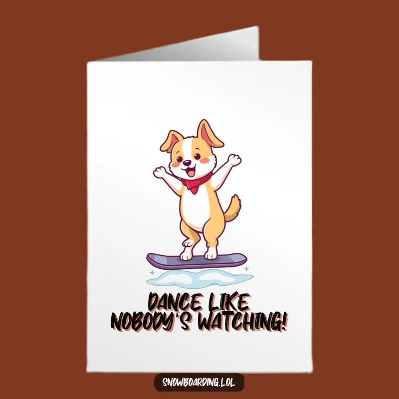 Free Printable Dancing Dog Birthday Card: Hilarious Snowboarder Pup Funny Downloadable Gift