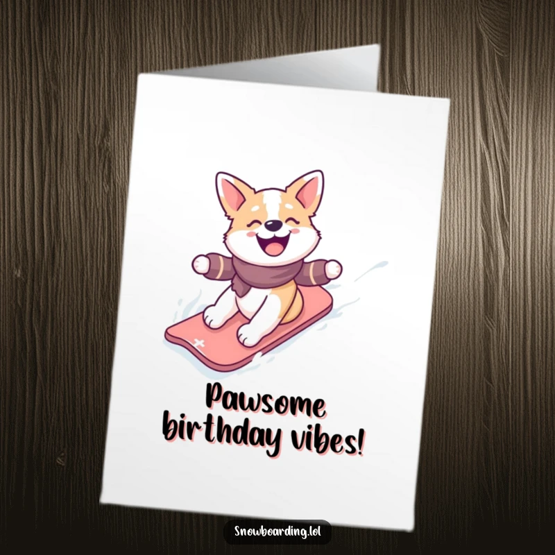 Funny Free Printable Birthday Card: Happy dog gleefully snowboarding down a snowy slope with pure joy. Downloadable.
