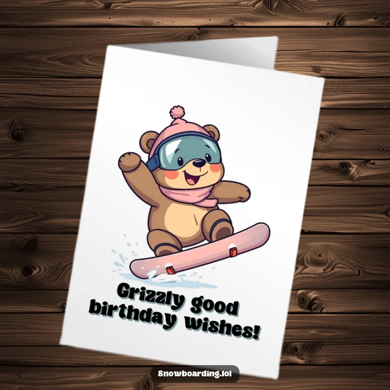 Funny Free Printable Birthday Card: A determined bear landing a cool snowboarding trick with a massive grin on its face.