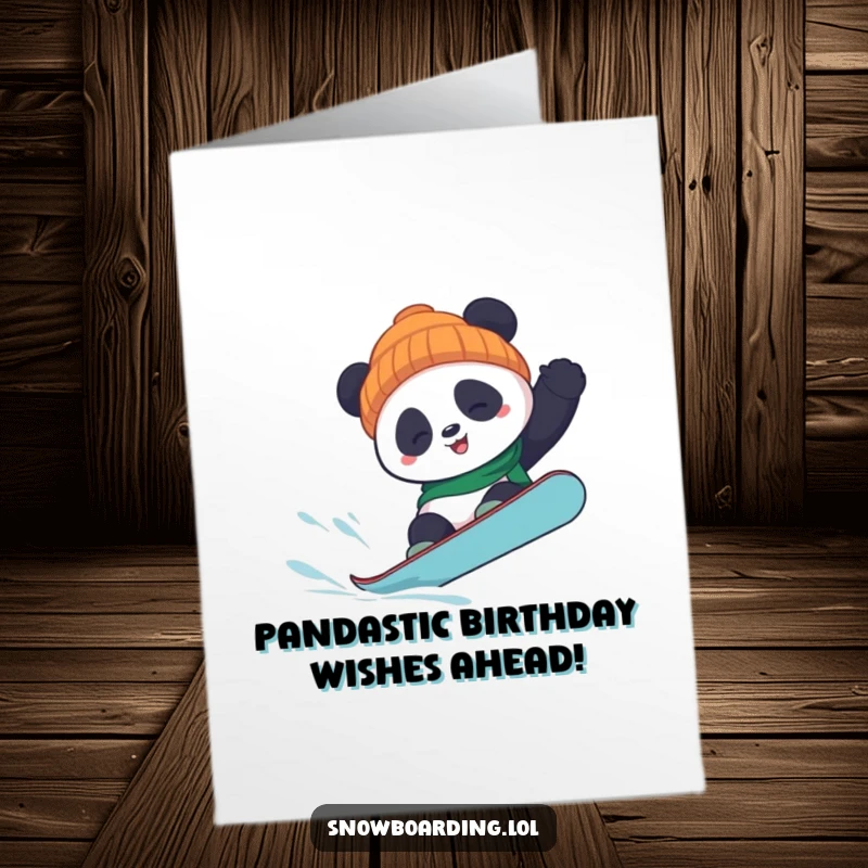 Funny Free Printable Birthday Card featuring a playful panda attempting a tricky snowboard flip with a huge grin.