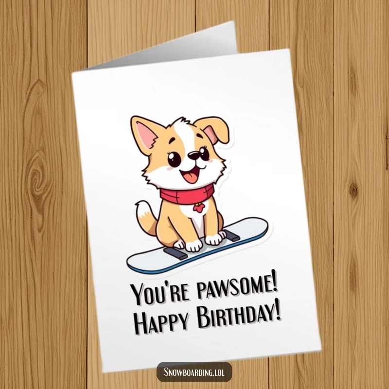 Funny Free Printable Birthday Card: A proud dog sits upright on a snowboard, tail wagging with pure joy.