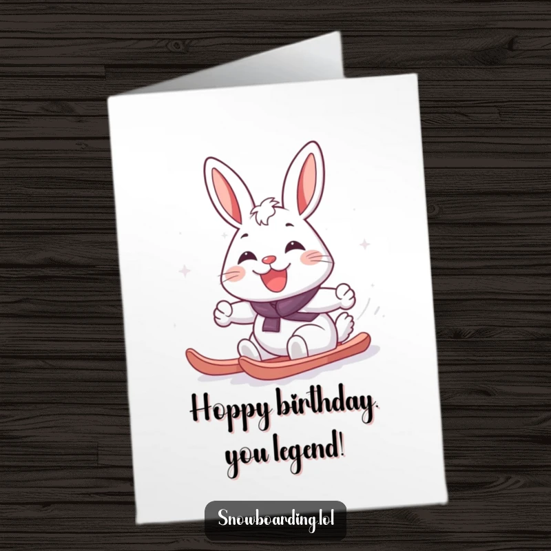 Funny Free Printable Birthday Card: Cheerful rabbit grinning while carving a snowy turn on a snowboard. Cute downloadable gif.