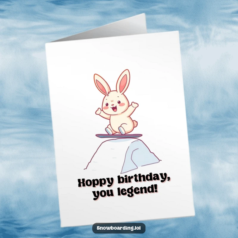 Funny Free Printable Birthday Card: Cheerful bunny mid-air over a snowboard jump, full of excitement.