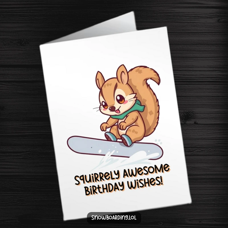 Funny Free Printable Birthday Card: A determined squirrel attempting a brave snowboard trick, mid-air with snow flying.