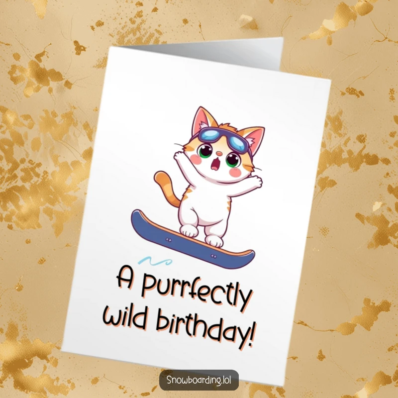 Funny Free Printable Birthday Card: Surprised cat airborne on a snowboard, looking shocked. Perfect DIY gift.