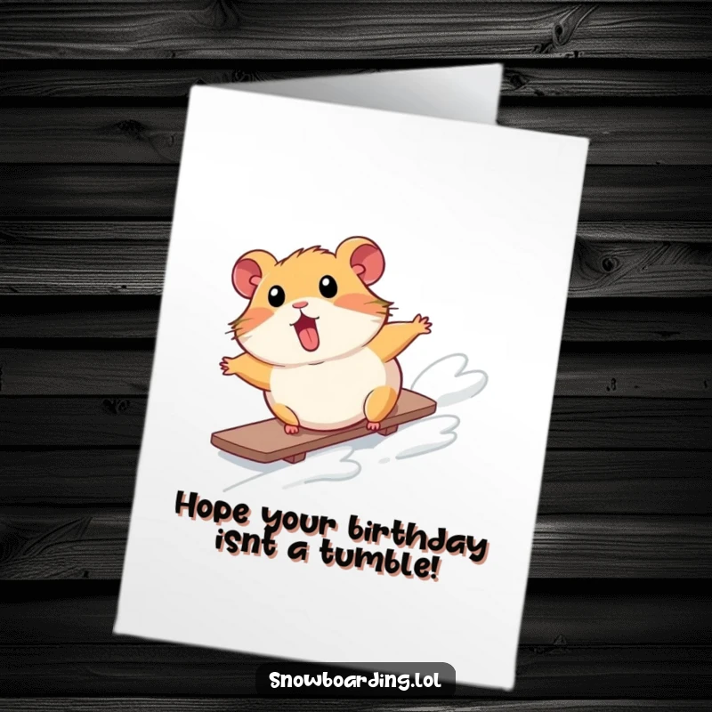 Funny Free Printable Birthday Card: Surprised hamster tumbling down a snowy slope on a snowboard, comical fall.