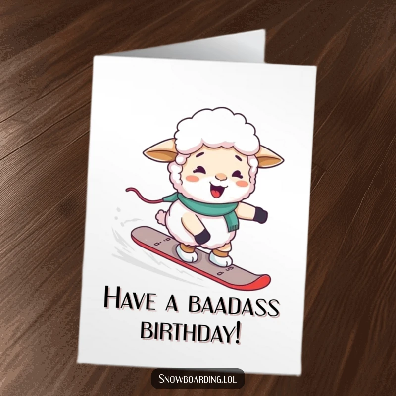 Funny Free Printable Birthday Card: A giggling sheep hilariously struggling to steer a snowboard, perfect for a laugh-filled birthday.