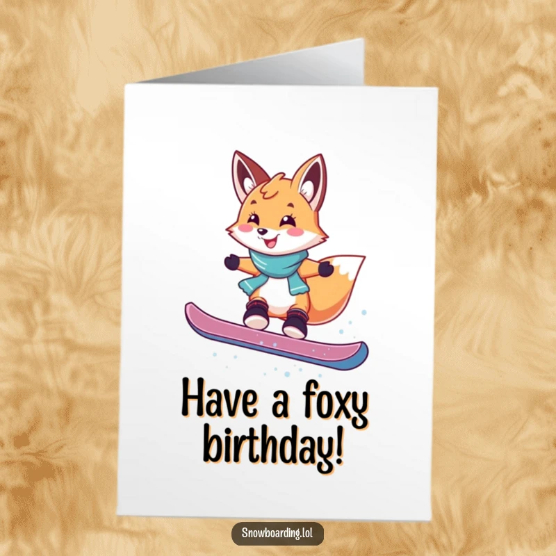 Funny Free Printable Birthday Card: Smiling fox doing a playful jump on a snowboard, mid-air excitement. Energetic and humorous downloadable greeting.