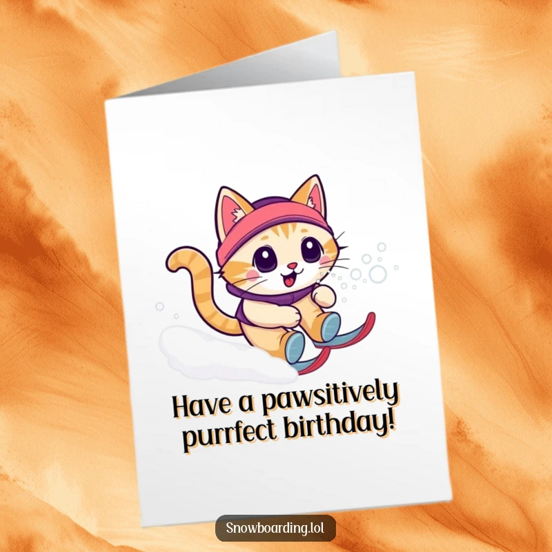 Funny Free Printable Birthday Card of a curious cat zooming downhill on a snowboard, kicking up snow.