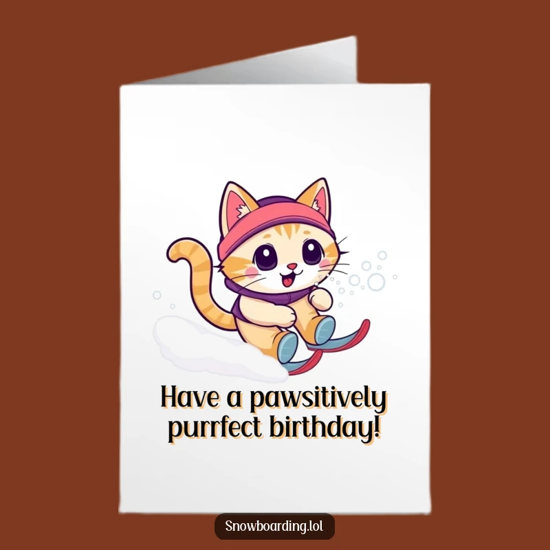 Free Printable Snowboarding Cat Birthday Card: Funny Downloadable Gift for Feline Fans