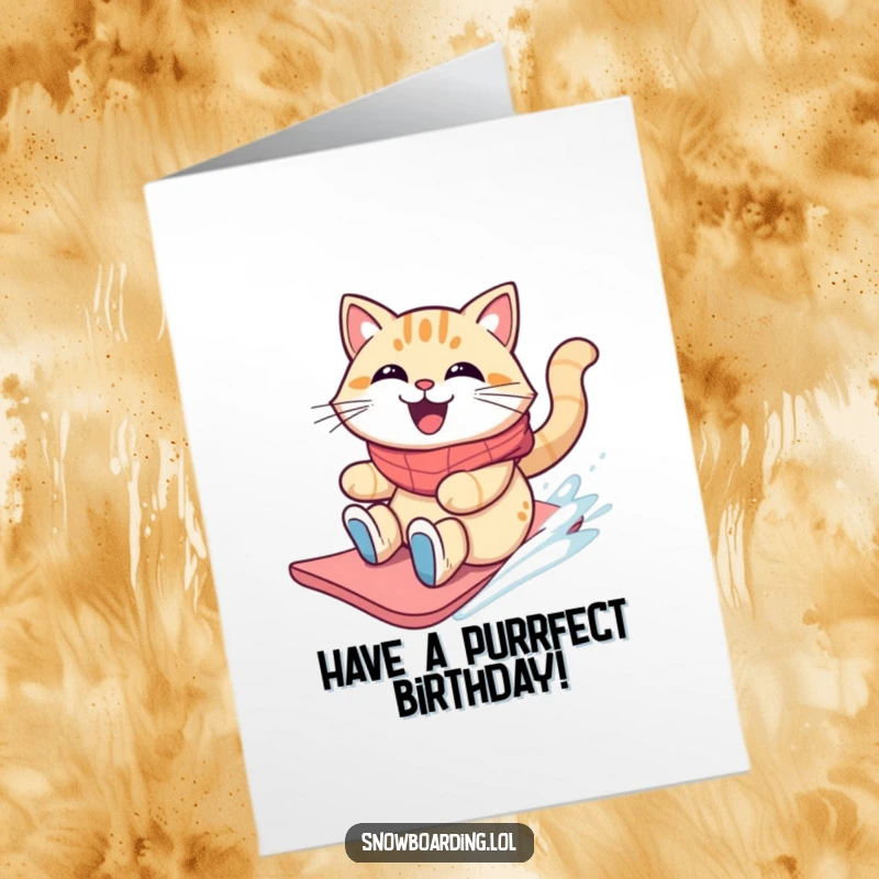 Funny Free Printable Birthday Card: A grinning cat with windblown fur speeds down a snowy hill on a snowboard, pure joy on its face.