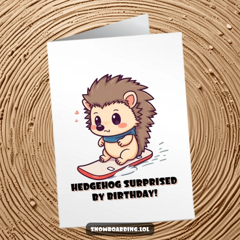 Funny Free Printable Birthday Card: Curious hedgehog looking surprised while riding a tiny snowboard downhill, birthday adventure.